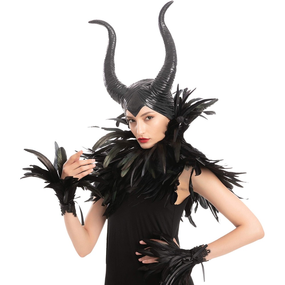 Womens Evil Queen Feather Horns Halloween Costume Headpiece Collar Wrist Cuffs